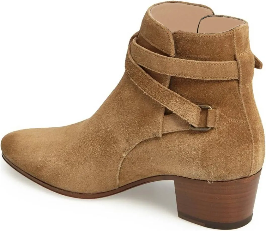 FSJ Women Elegant Round Toe Ankle Boots Comfortable Walking Mid High Chunky Heel Strappy Buckle Dress Shoes Size 4-15 M US