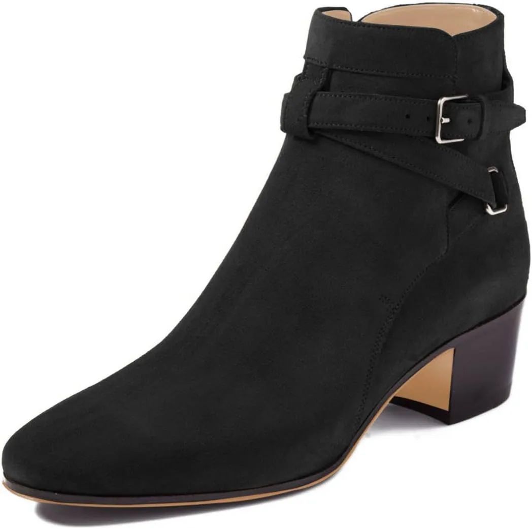 FSJ Women Elegant Round Toe Ankle Boots Comfortable Walking Mid High Chunky Heel Strappy Buckle Dress Shoes Size 4-15 M US