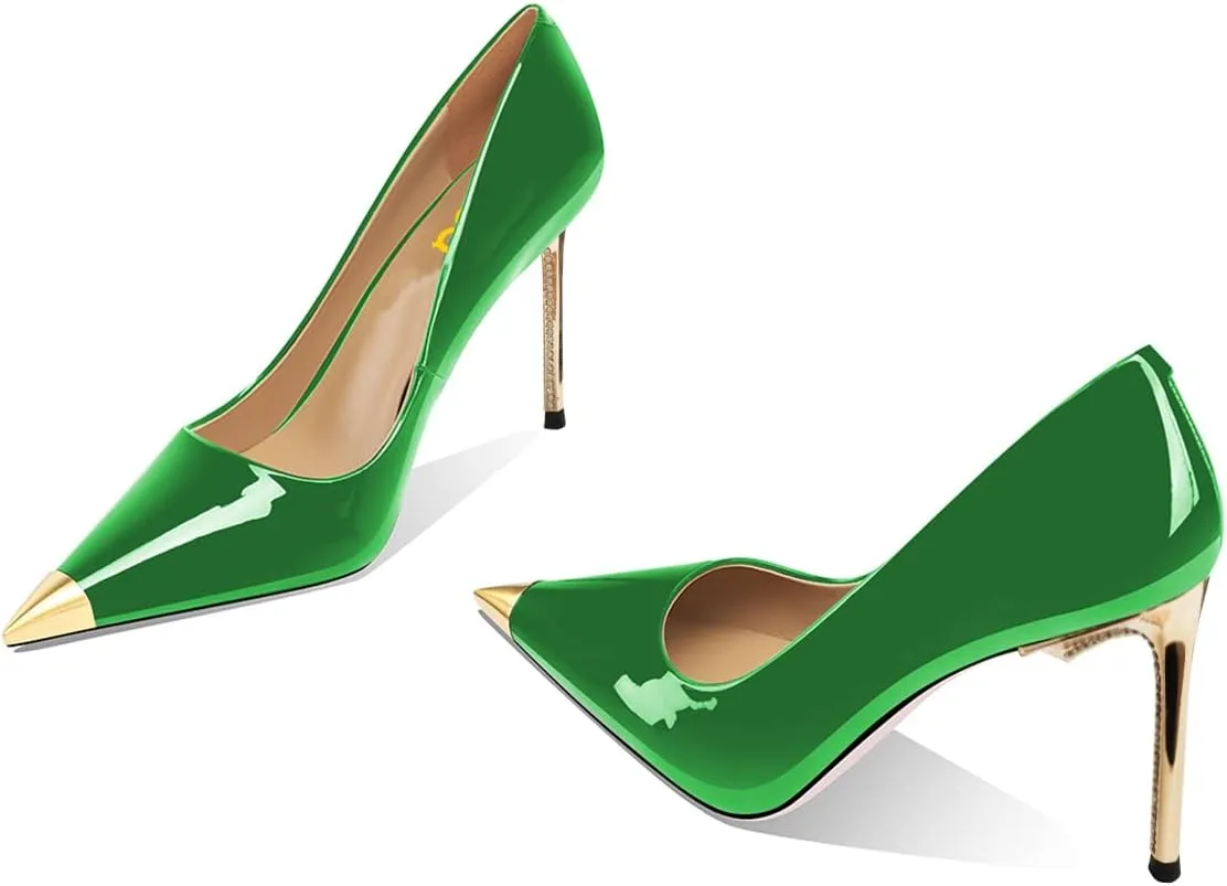 FSJ Women Metal Cap Pointed Toe High Heel Pumps Sexy Gold Stiletto Elegant Slip On Office Lady Wedding Party Dress Shoes Size 4-15 US