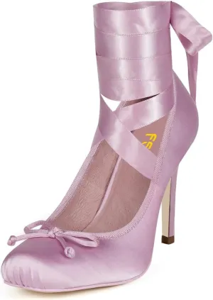 FSJ Women Square Toe Bow Tie Satin Ballet High Heel Sexy Lace-up Stiletto Pumps Elegant Mary Janes Party Shoes Size 4-16 US