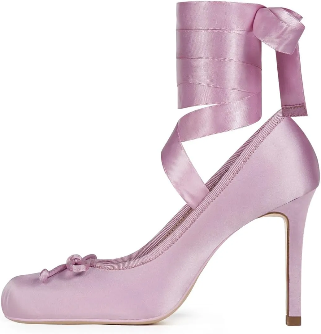 FSJ Women Square Toe Bow Tie Satin Ballet High Heel Sexy Lace-up Stiletto Pumps Elegant Mary Janes Party Shoes Size 4-16 US