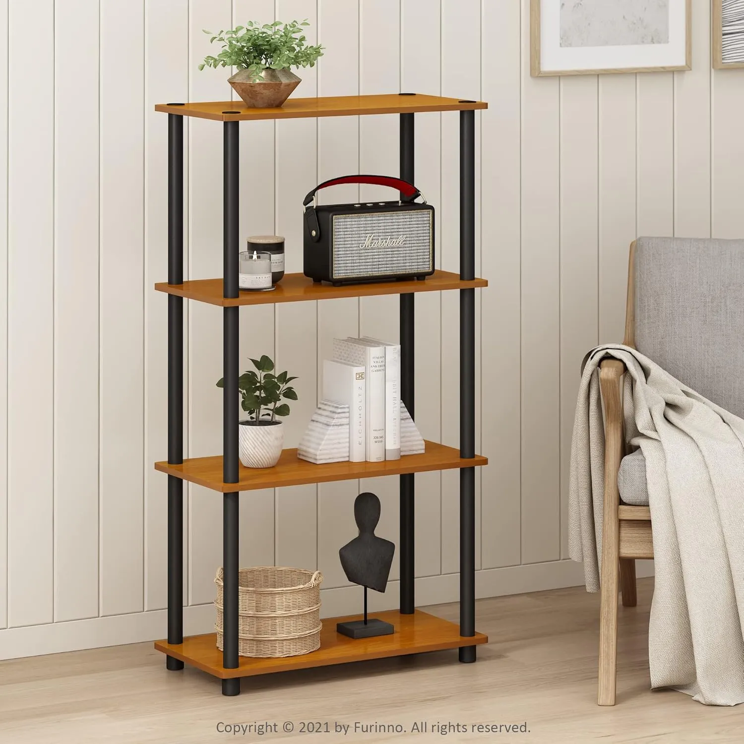 Furinno (99557LC/BK) Turn-N-Tube 4-Tier Multipurpose Shelf Display Rack - Light Cherry/Black