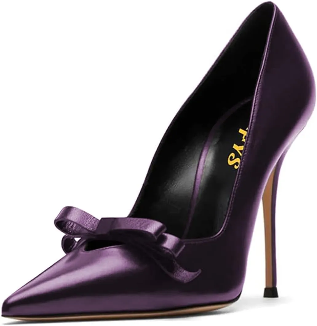 FYS Women's Bow Pointed Toe Pumps Slip on Stiletto High Heels Elegant Party Prom Eveing Shoes Size 4-16 US