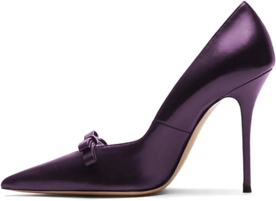 FYS Women's Bow Pointed Toe Pumps Slip on Stiletto High Heels Elegant Party Prom Eveing Shoes Size 4-16 US