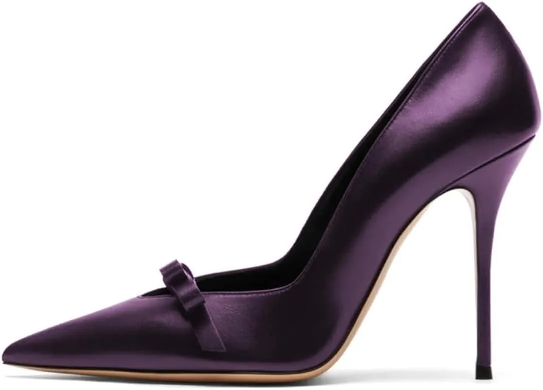 FYS Women's Bow Pointed Toe Pumps Slip on Stiletto High Heels Elegant Party Prom Eveing Shoes Size 4-16 US