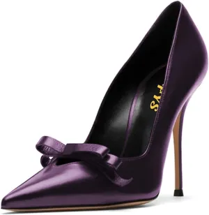 FYS Women's Bow Pointed Toe Pumps Slip on Stiletto High Heels Elegant Party Prom Eveing Shoes Size 4-16 US