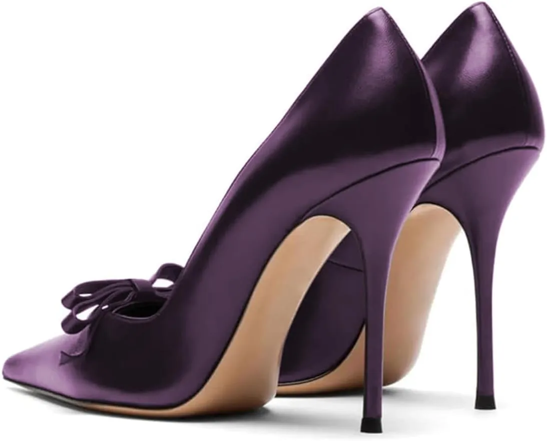FYS Women's Bow Pointed Toe Pumps Slip on Stiletto High Heels Elegant Party Prom Eveing Shoes Size 4-16 US