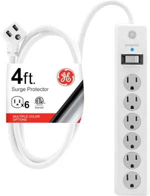 GE 6-Outlet Surge Protector, 4 Ft Extension Cord, Power Strip, 800 Joules, Flat Plug, Twist-to-Close Safety Covers, Protected Indicator Light, ETL Listed, White, 33658