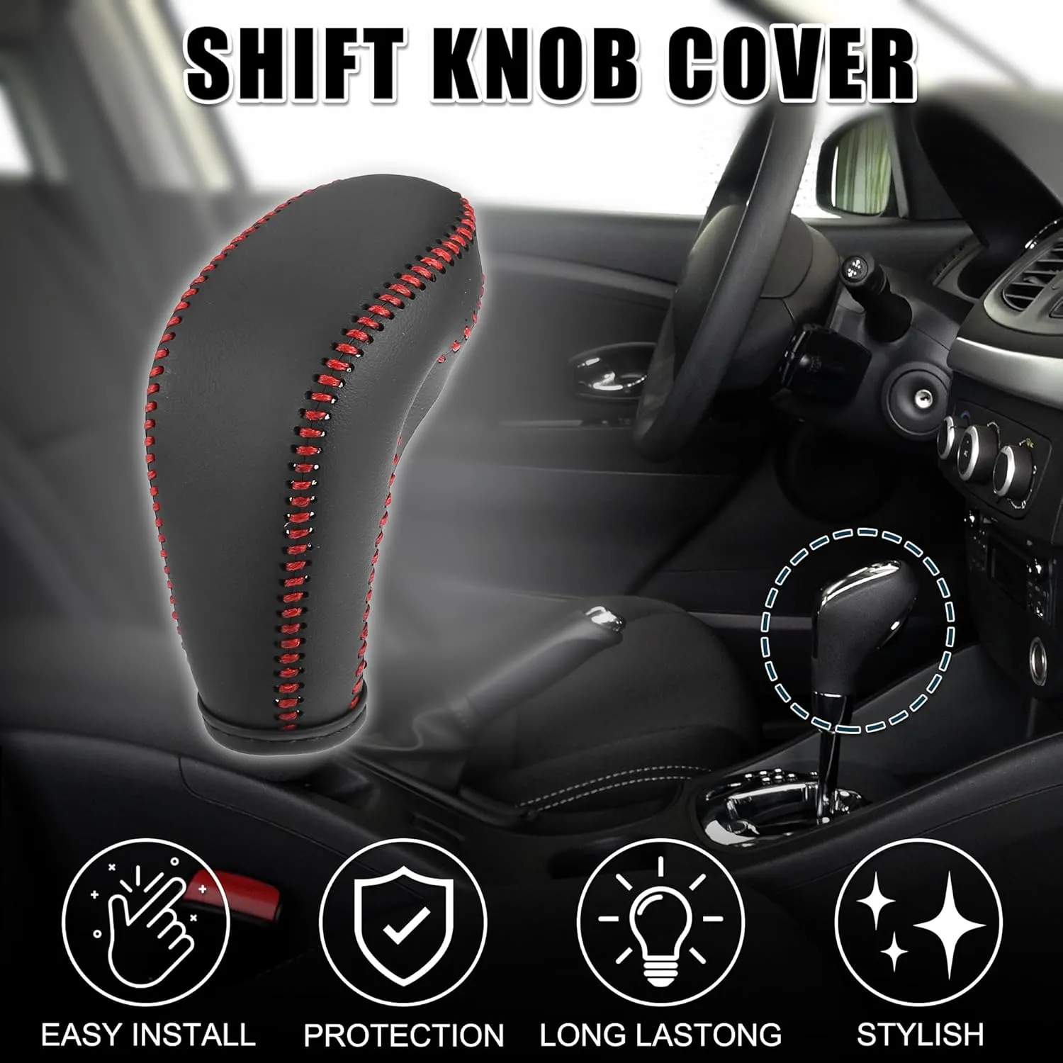 Gear Shift Knob Cover for Buick Excelle 13-15 with Red Stitches Durable | Interior Transmission Shifter Boot Lever Cover Black Faux Leather 1 Pcs