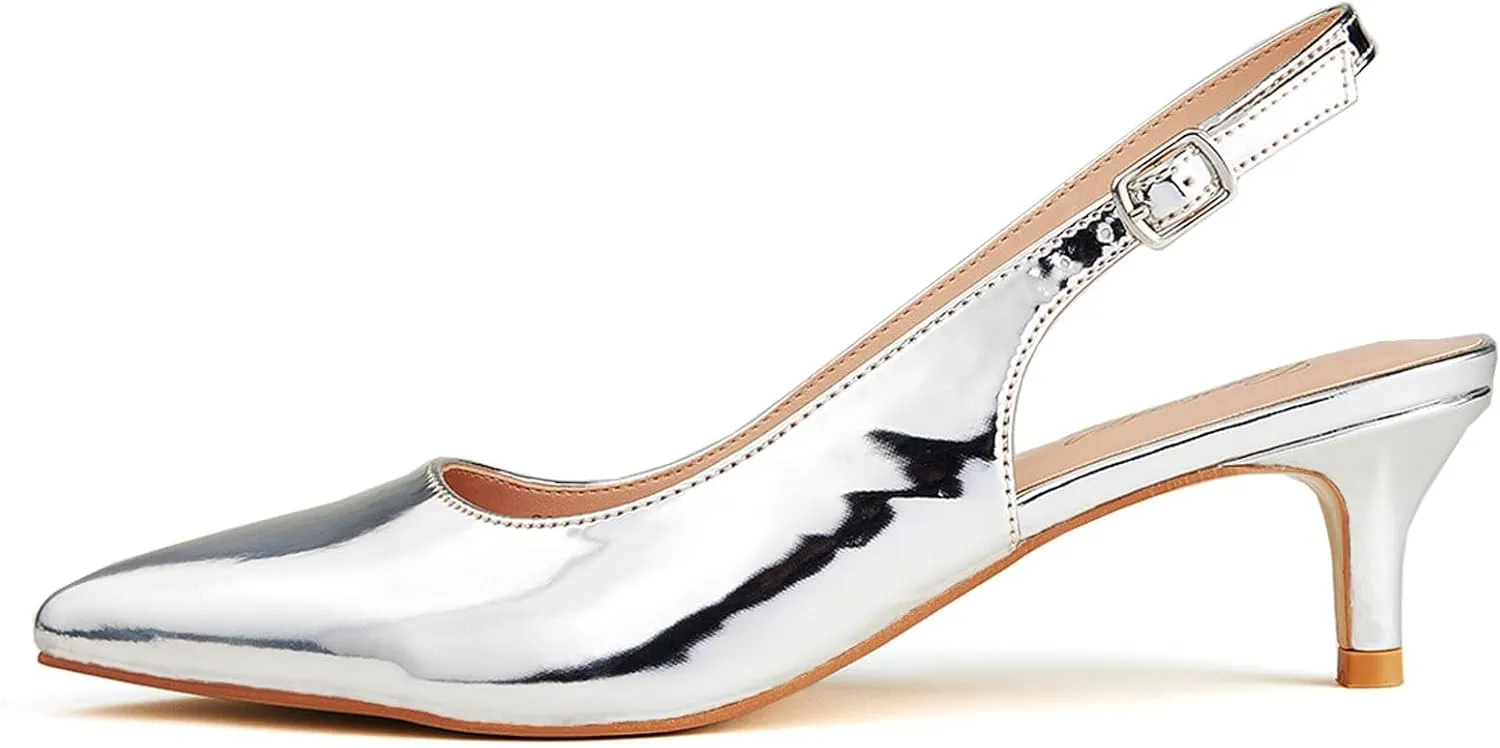 GENSHUO Low Kitten Heels Women's Slingback Dressy Pumps Pointed Closed Toe Ankle Strap Elegant Wedding Pumps Formal Comfortable Shoes