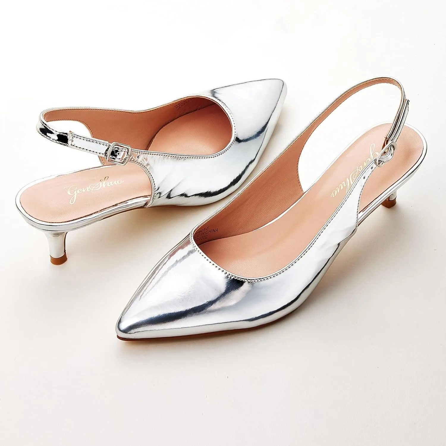 GENSHUO Low Kitten Heels Women's Slingback Dressy Pumps Pointed Closed Toe Ankle Strap Elegant Wedding Pumps Formal Comfortable Shoes