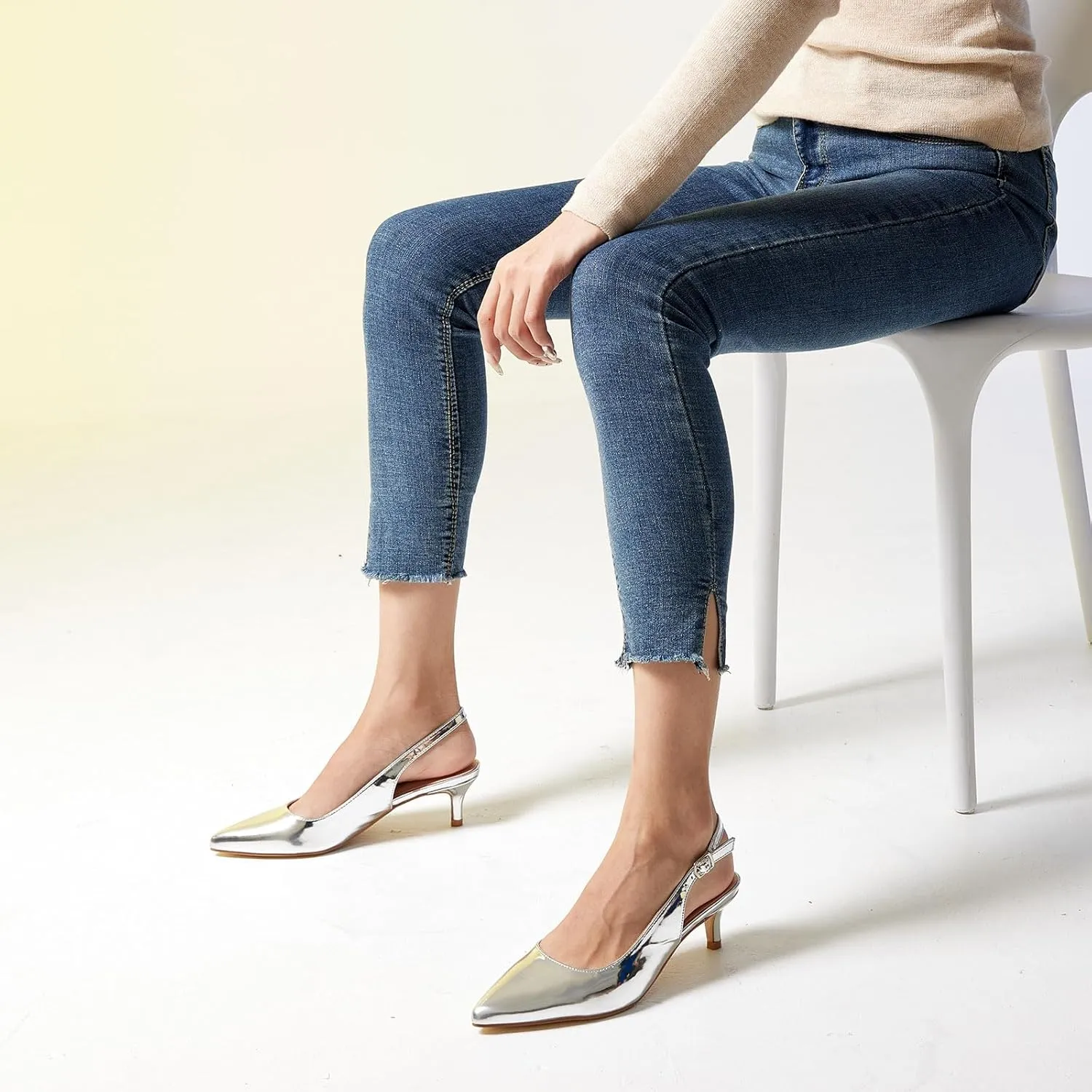 GENSHUO Low Kitten Heels Women's Slingback Dressy Pumps Pointed Closed Toe Ankle Strap Elegant Wedding Pumps Formal Comfortable Shoes