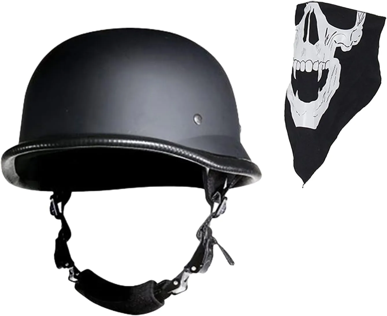 German Novelty Cap Basic Flat Black German Style Motorcycle Half Helmet with Adjustable Chin Strap