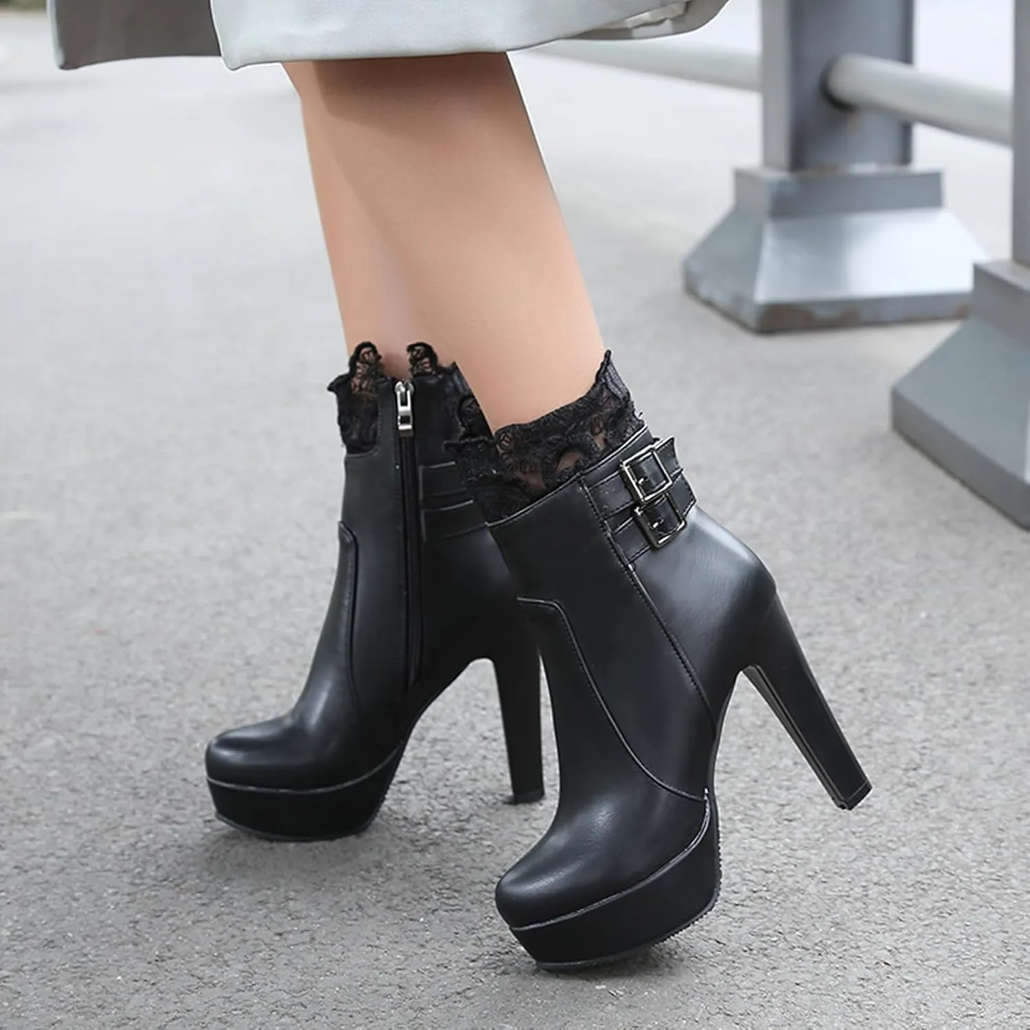 Gicoiz Women Round Toe Elegant High Heel Ankle Boots Bow Buckle