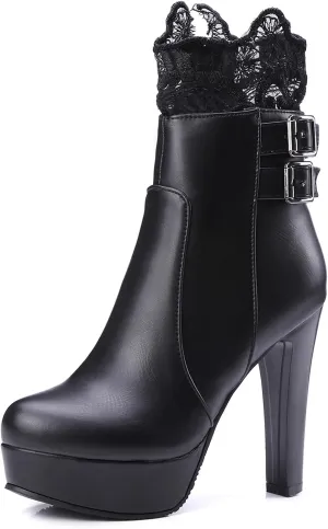 Gicoiz Women Round Toe Elegant High Heel Ankle Boots Bow Buckle