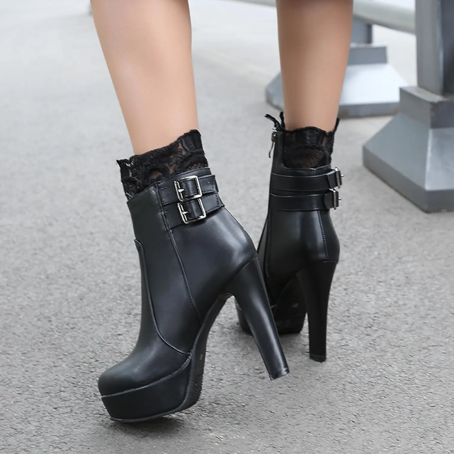 Gicoiz Women Round Toe Elegant High Heel Ankle Boots Bow Buckle