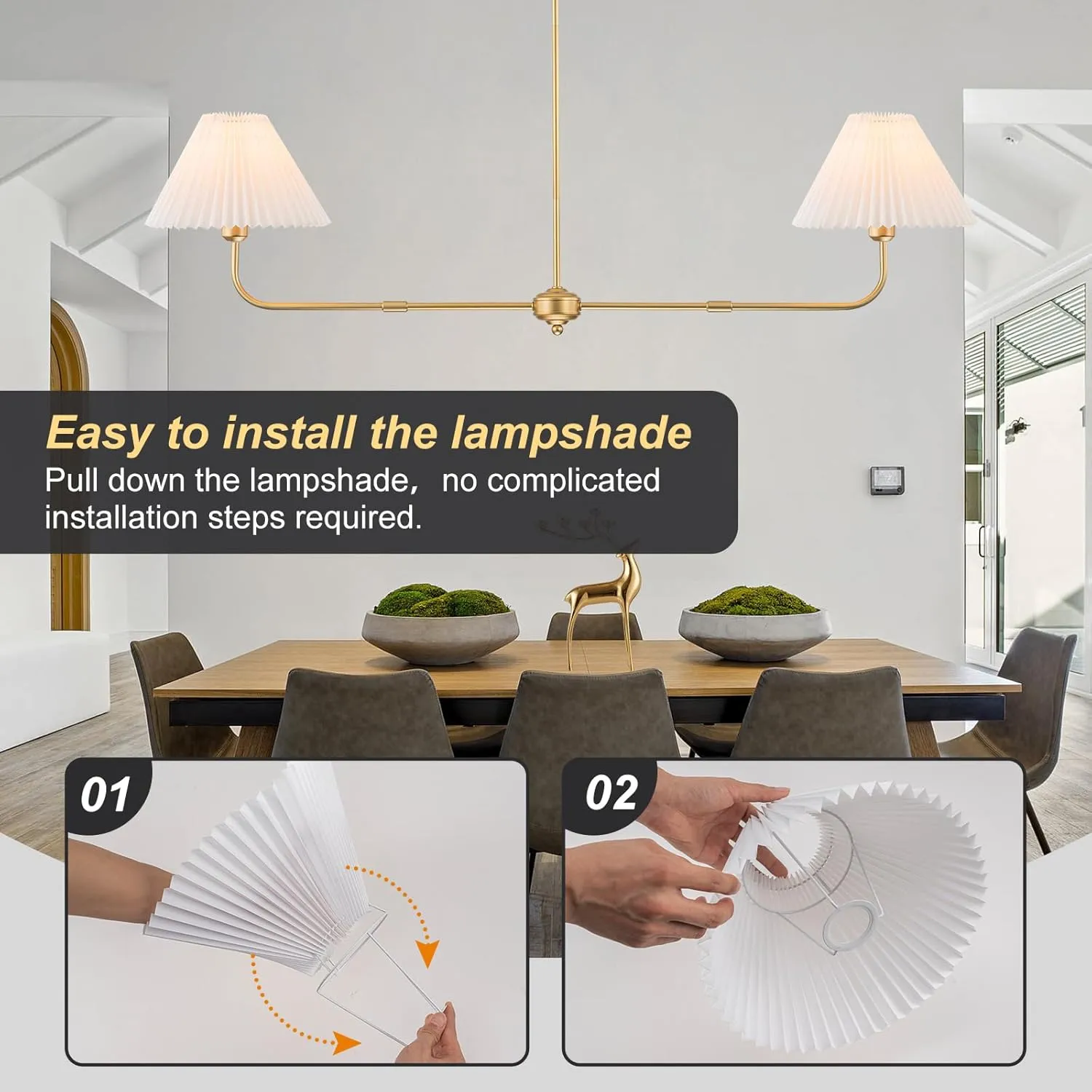 Gold Linear Chandelier, 2-Light Modern Chandelier for Dining Room Light Fixture, Dining Light Fixtures with White Fabric Shade Pendant Lights Kitchen Island for Restaurant, Living Room, Bedroom