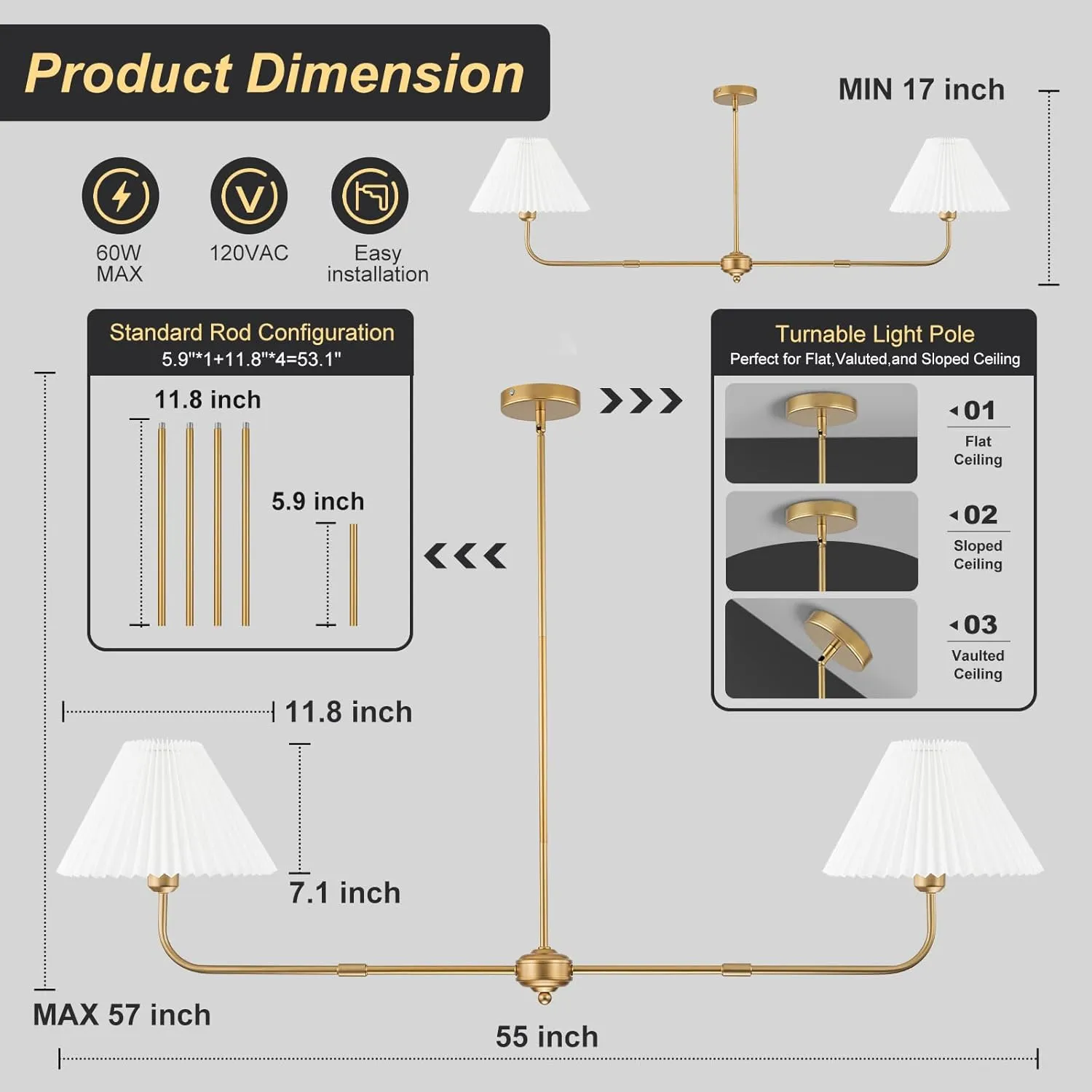 Gold Linear Chandelier, 2-Light Modern Chandelier for Dining Room Light Fixture, Dining Light Fixtures with White Fabric Shade Pendant Lights Kitchen Island for Restaurant, Living Room, Bedroom