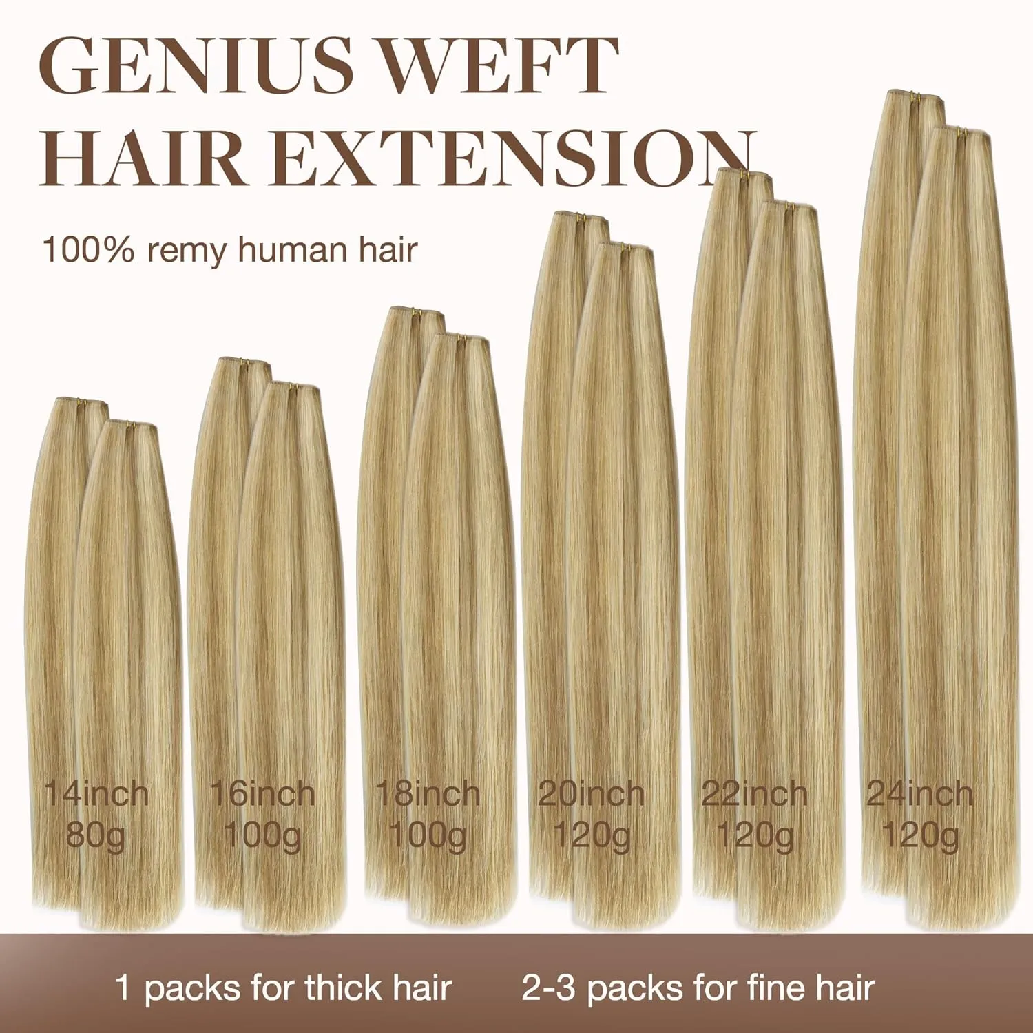 GOO GOO Genius Weft Hair Extensions Human Hair, Sew In Hair Extensions Rooted Remy Weft, 16/22 Light Blonde Highlighted Golden Blonde 22inch 120g, Hand Tied Weft Hair Extensions