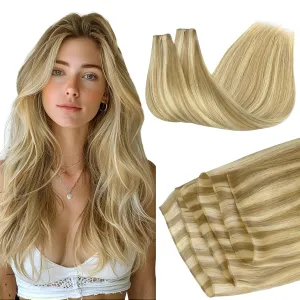 GOO GOO Genius Weft Hair Extensions Human Hair, Sew In Hair Extensions Rooted Remy Weft, 16/22 Light Blonde Highlighted Golden Blonde 22inch 120g, Hand Tied Weft Hair Extensions