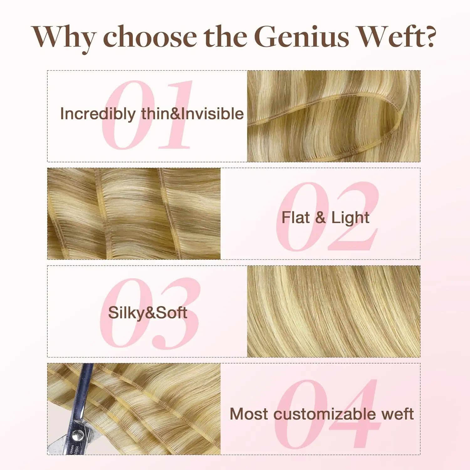 GOO GOO Genius Weft Hair Extensions Human Hair, Sew In Hair Extensions Rooted Remy Weft, 16/22 Light Blonde Highlighted Golden Blonde 22inch 120g, Hand Tied Weft Hair Extensions