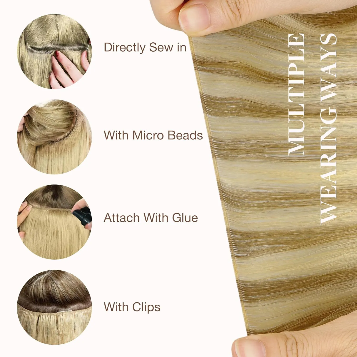 GOO GOO Genius Weft Hair Extensions Human Hair, Sew In Hair Extensions Rooted Remy Weft, 16/22 Light Blonde Highlighted Golden Blonde 22inch 120g, Hand Tied Weft Hair Extensions
