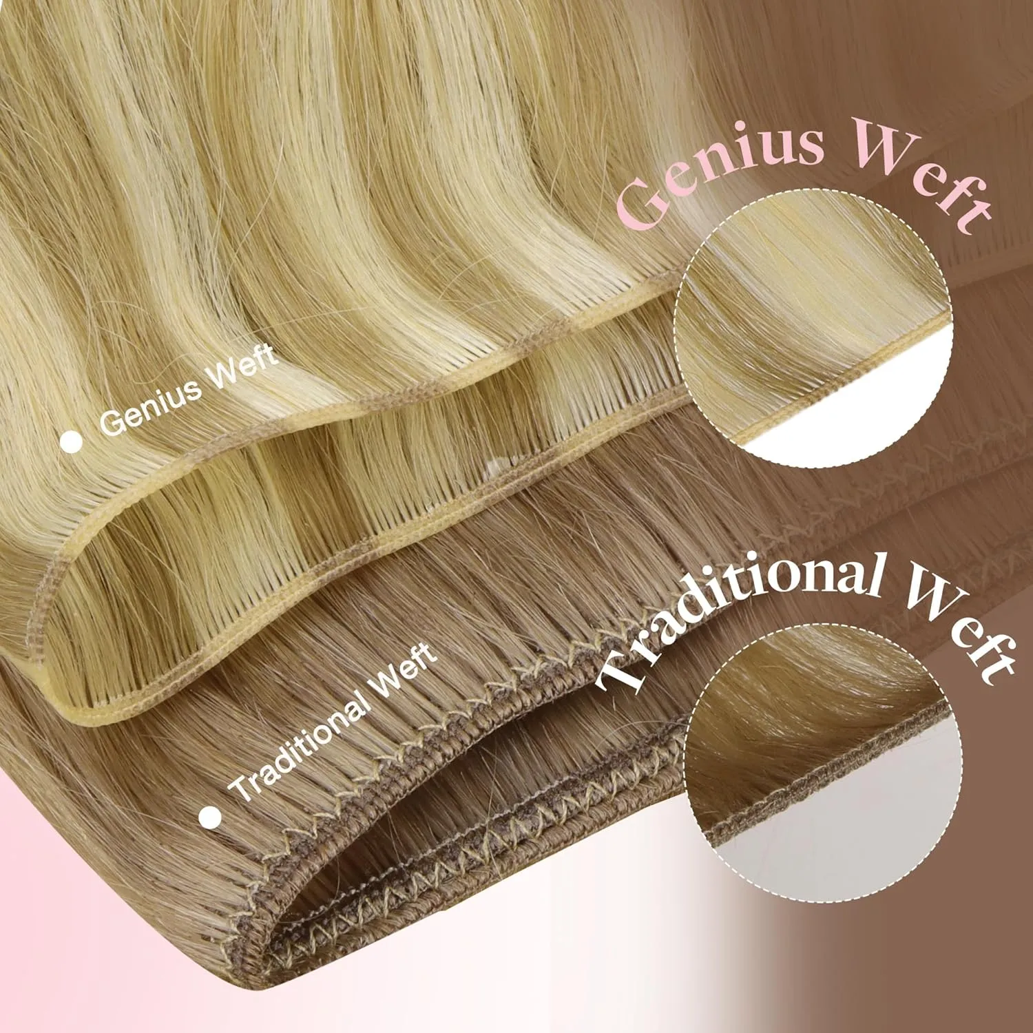 GOO GOO Genius Weft Hair Extensions Human Hair, Sew In Hair Extensions Rooted Remy Weft, 16/22 Light Blonde Highlighted Golden Blonde 22inch 120g, Hand Tied Weft Hair Extensions