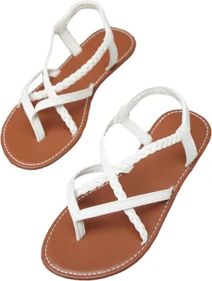 GORGLITTER Women's Braided Detail Flat Sandals Open Toe Thong Sandals Criss Cross Backstrap Elegant Slides