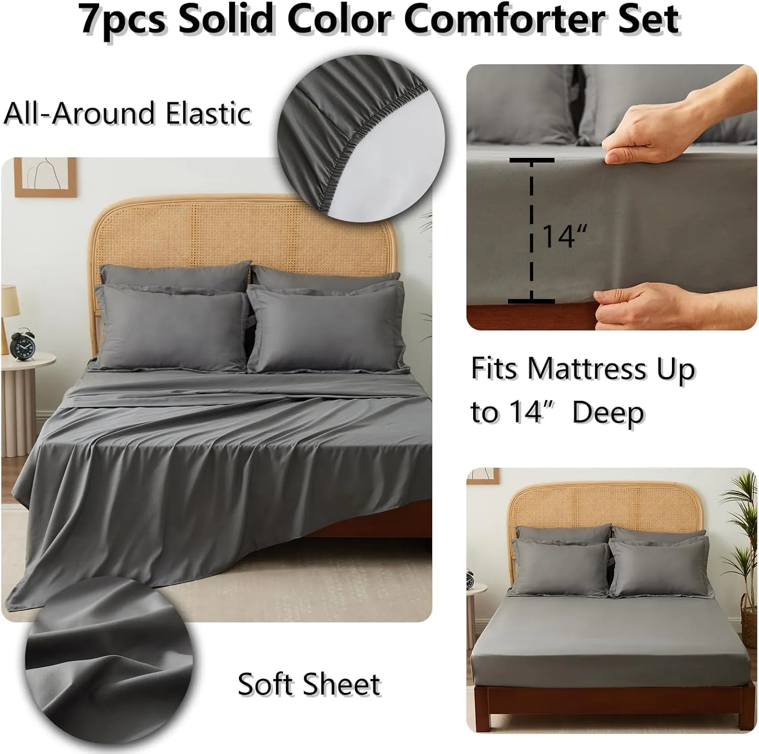 Grey Comforter for Queen Size Bed,Bed in a Bag Queen All Season,7 Pieces Queen Bed in a Bag Set with Comforter, Fitted Sheets, Flat Sheets, Pillow Shams and Pillowcases