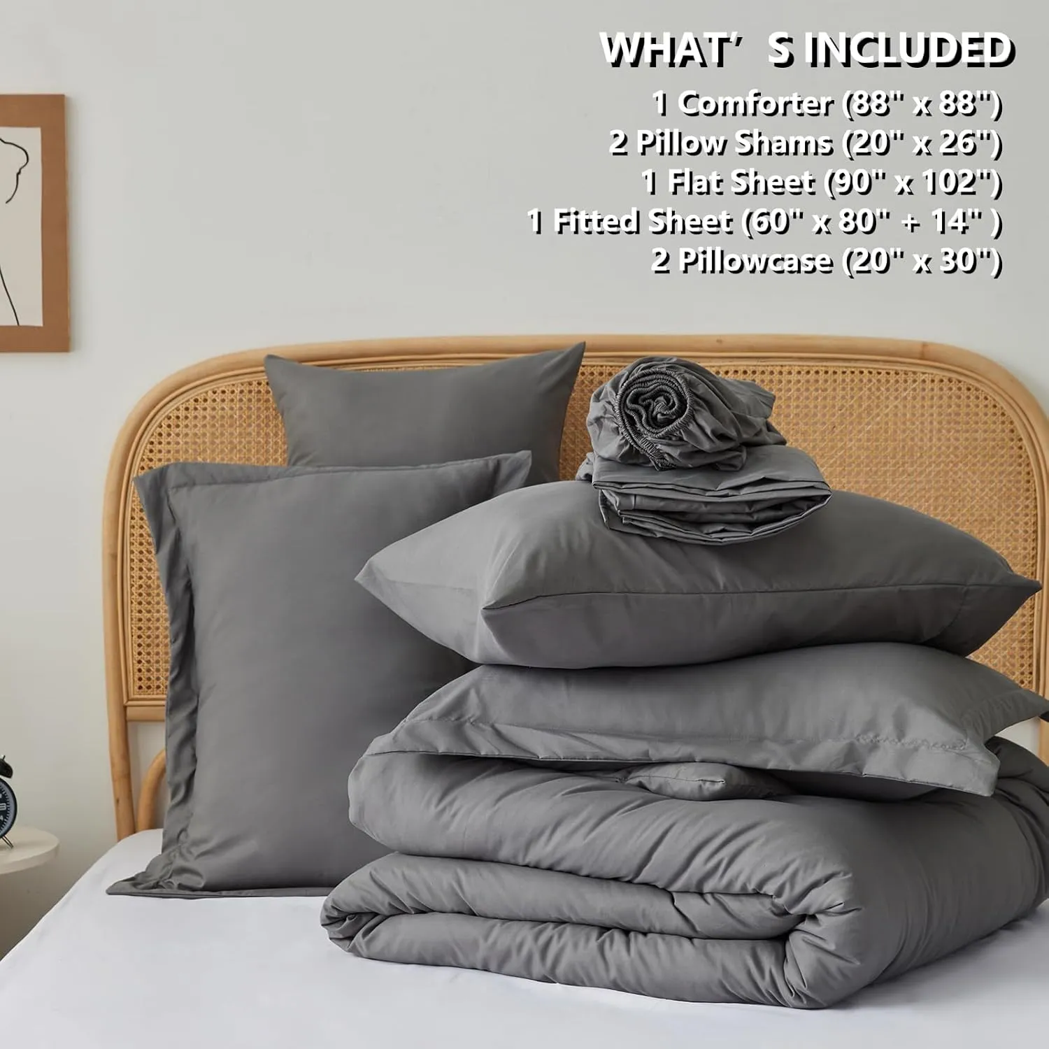 Grey Comforter for Queen Size Bed,Bed in a Bag Queen All Season,7 Pieces Queen Bed in a Bag Set with Comforter, Fitted Sheets, Flat Sheets, Pillow Shams and Pillowcases