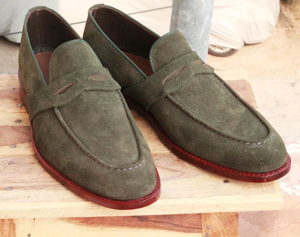 Handmade Men's Green Suede Penny Loafer Shoes, Men Designer Formal Party Shoes
