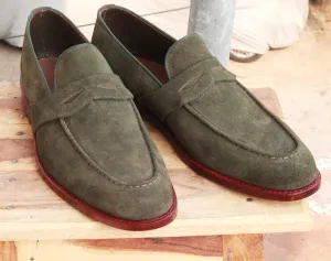 Handmade Men's Green Suede Penny Loafer Shoes, Men Designer Formal Party Shoes