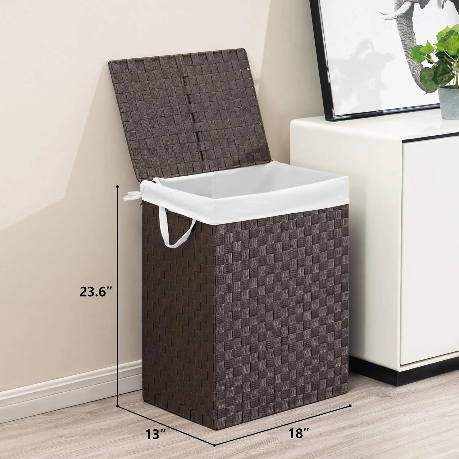 Handwoven Laundry Basket Hamper with Removable Liner Bag and Lid, Collapsible Clothes Hamper with Handle, Brown