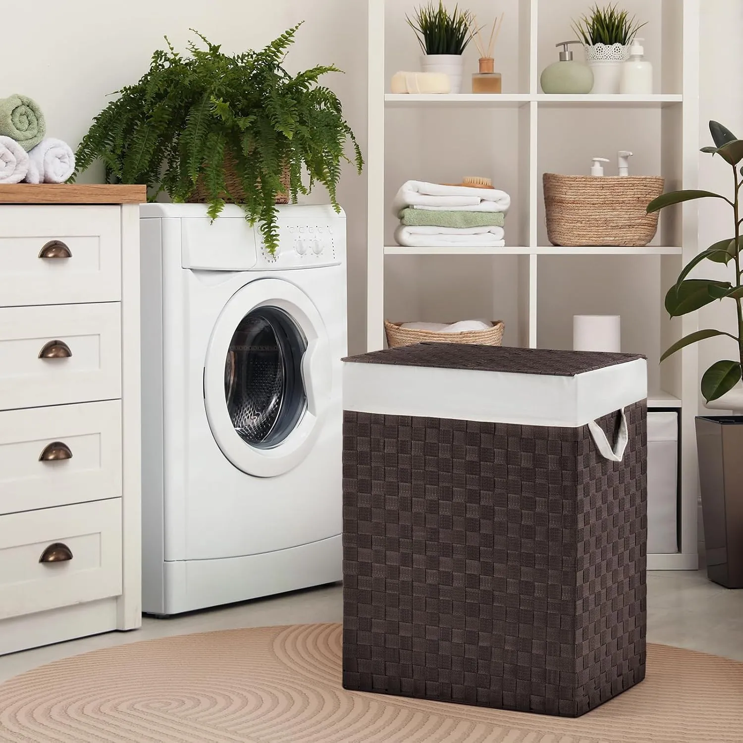 Handwoven Laundry Basket Hamper with Removable Liner Bag and Lid, Collapsible Clothes Hamper with Handle, Brown