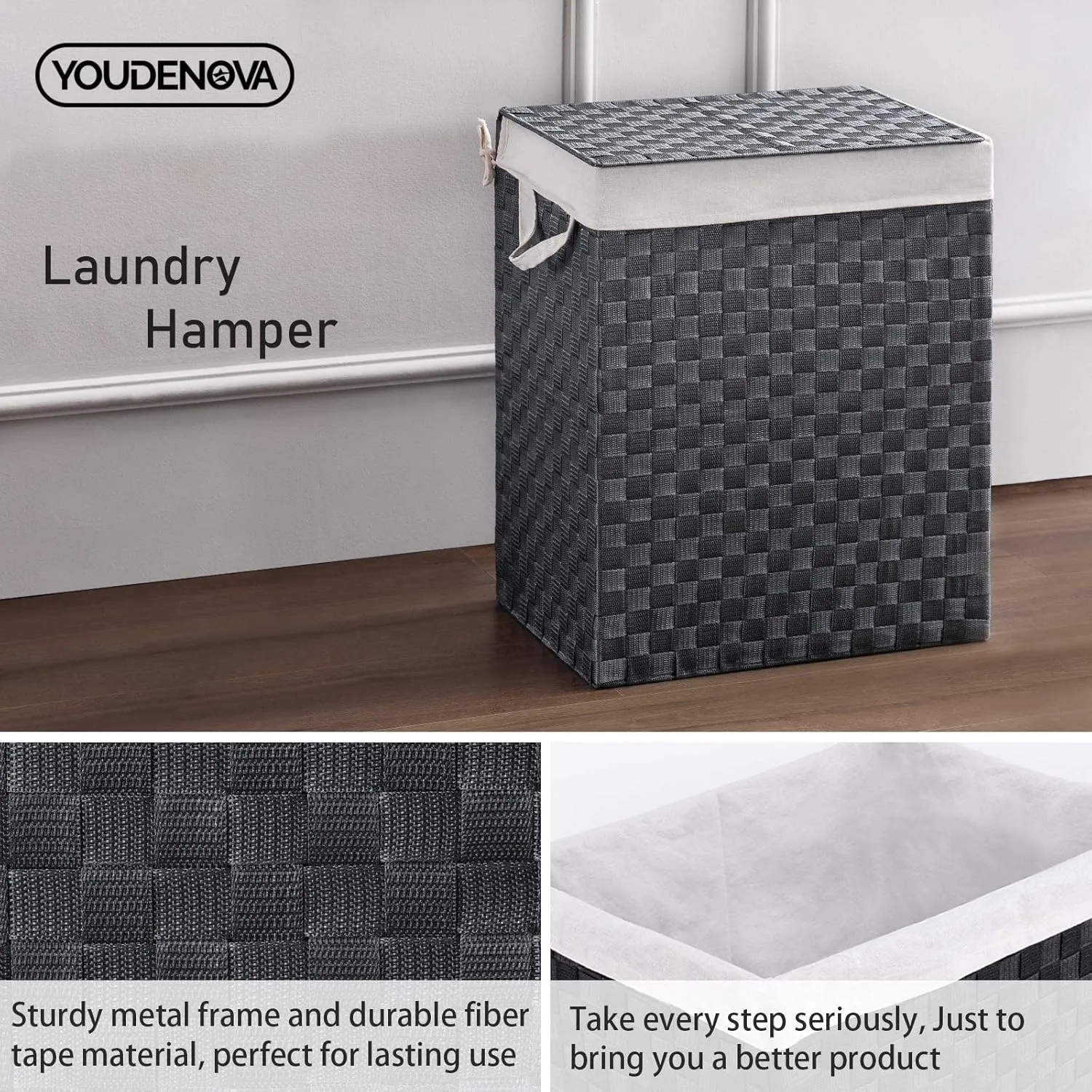 Handwoven Laundry Basket Hamper with Removable Liner Bag and Lid, Collapsible Clothes Hamper with Handle, Grey