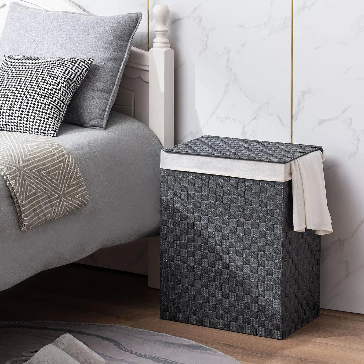Handwoven Laundry Basket Hamper with Removable Liner Bag and Lid, Collapsible Clothes Hamper with Handle, Grey