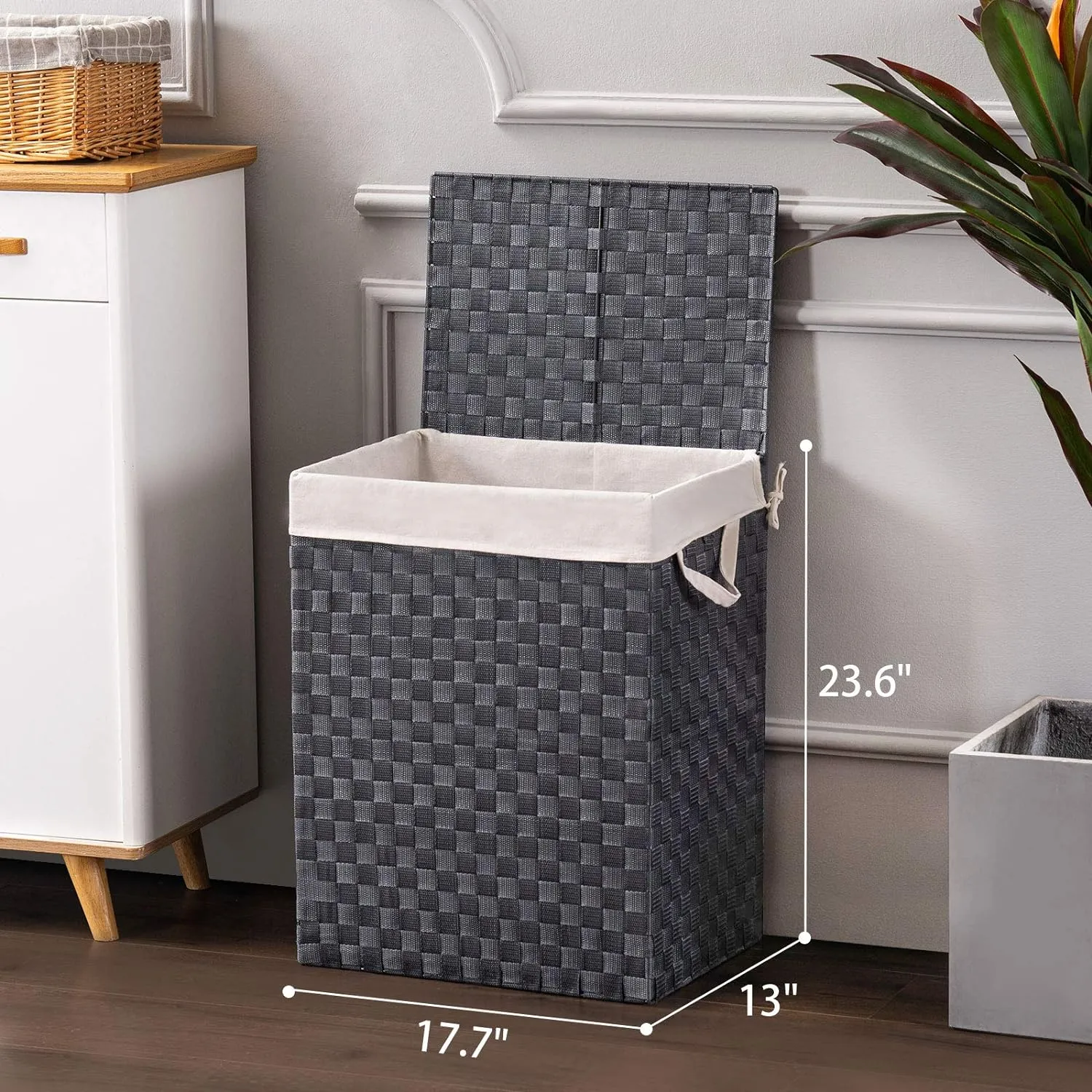 Handwoven Laundry Basket Hamper with Removable Liner Bag and Lid, Collapsible Clothes Hamper with Handle, Grey