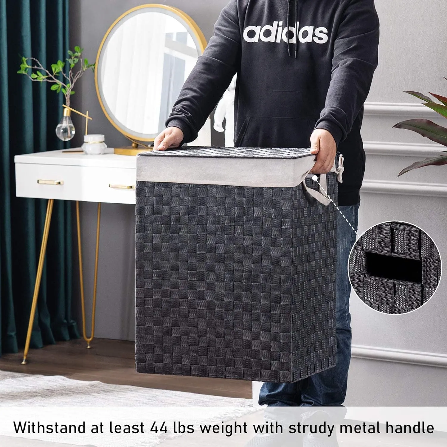 Handwoven Laundry Basket Hamper with Removable Liner Bag and Lid, Collapsible Clothes Hamper with Handle, Grey