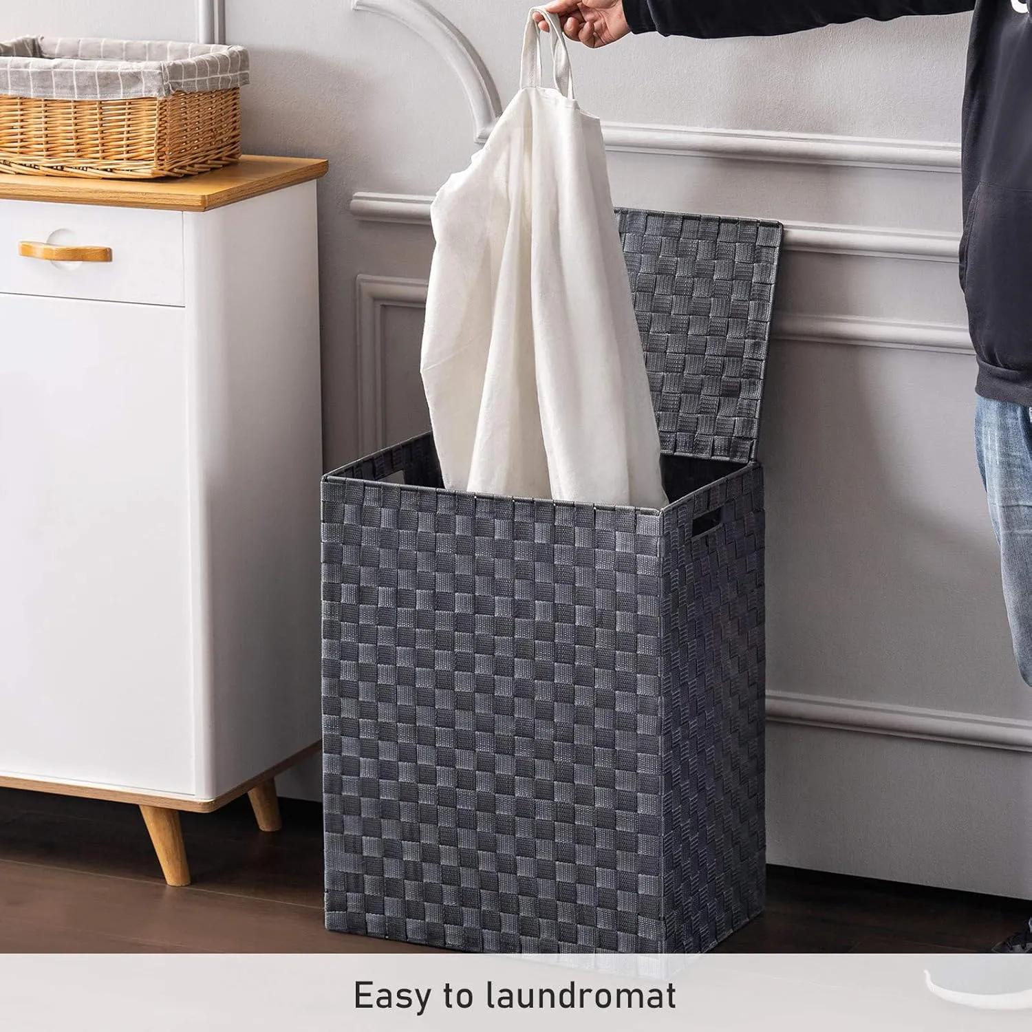 Handwoven Laundry Basket Hamper with Removable Liner Bag and Lid, Collapsible Clothes Hamper with Handle, Grey