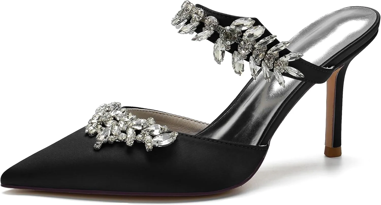 Hanfike Shoes for Women Party Wedding Slingback Formal Party Evening Heels with Rhinestones JY011