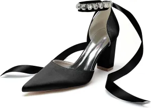 Hanfike Womens Elegant Formal Shoes Chunky High Heel Bridal Wedding Pumps with Ribbon JY173