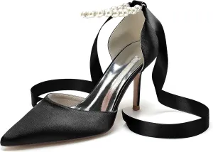 Hanfike Womens Elegant Wedding Heels Ribbon Pointed Toe Evening Pumps with Ankle Chain JY158