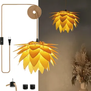 Hanging Lights with Plug in Cord, Lotus Flower Plug in Pendant Light Fixtures, Wood Boho Hanging Lamp Shade with 15ft Rope Cord, Plug in Hanging Lights for Kitchen, Bedroom…