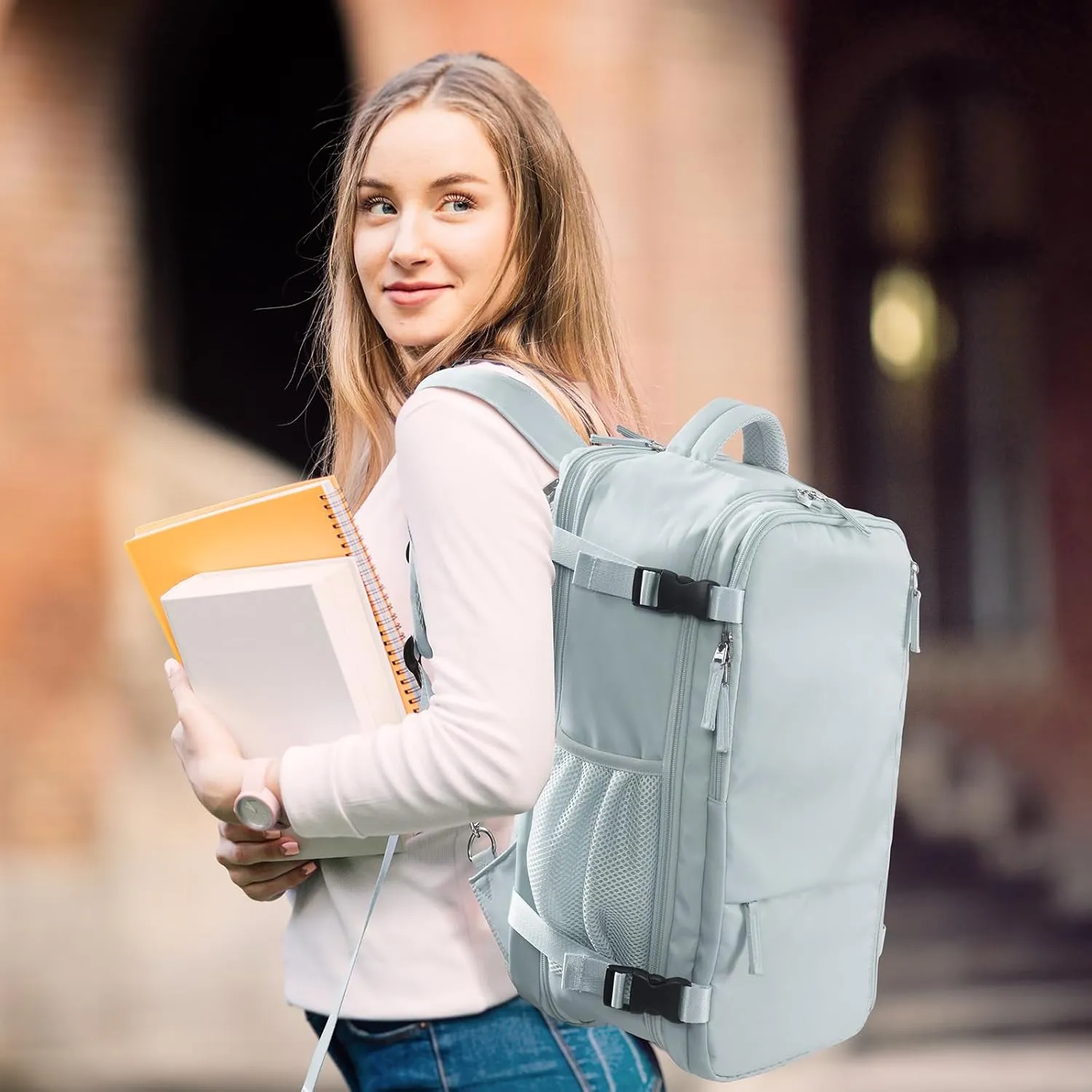 Hanples Extra Large Travel Backpack for Women, 40L Carry On, 17 Inch Laptop, Waterproof, Hiking, Casual Bag (Light Blue)
