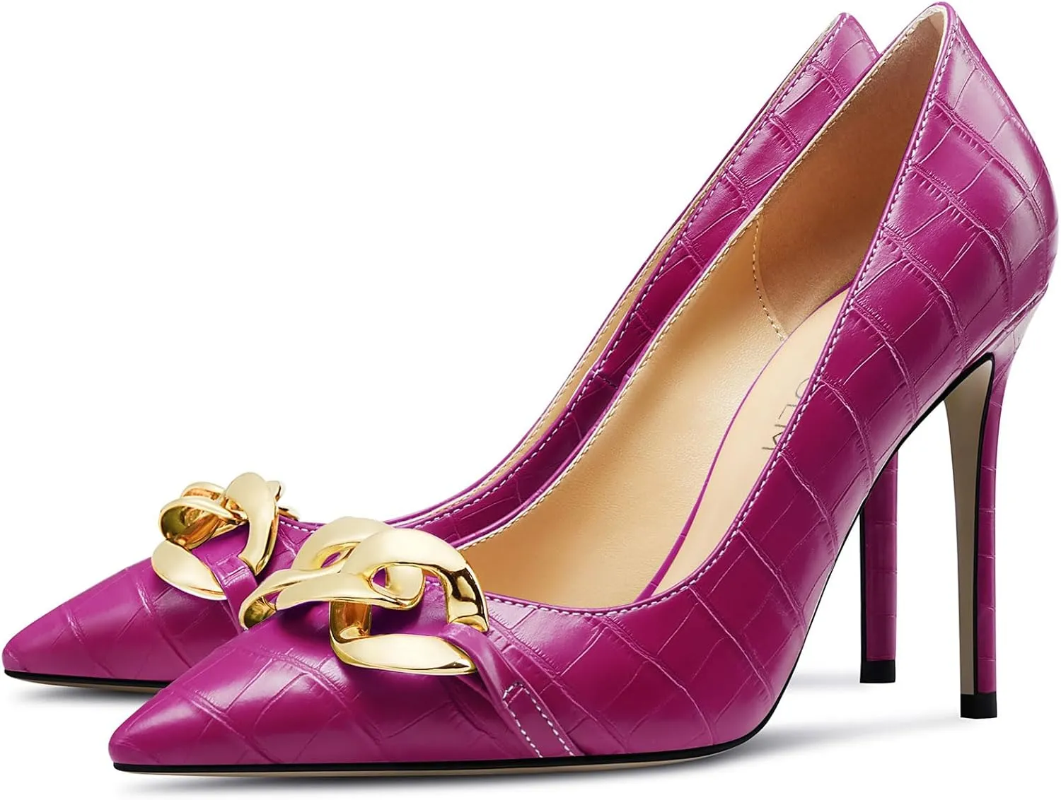 HDEUOLM Womens Stiletto High Heel Pointed Toe Pumps Slip-on Metal Chain Office Basic Classic 3.9 Inches Heels