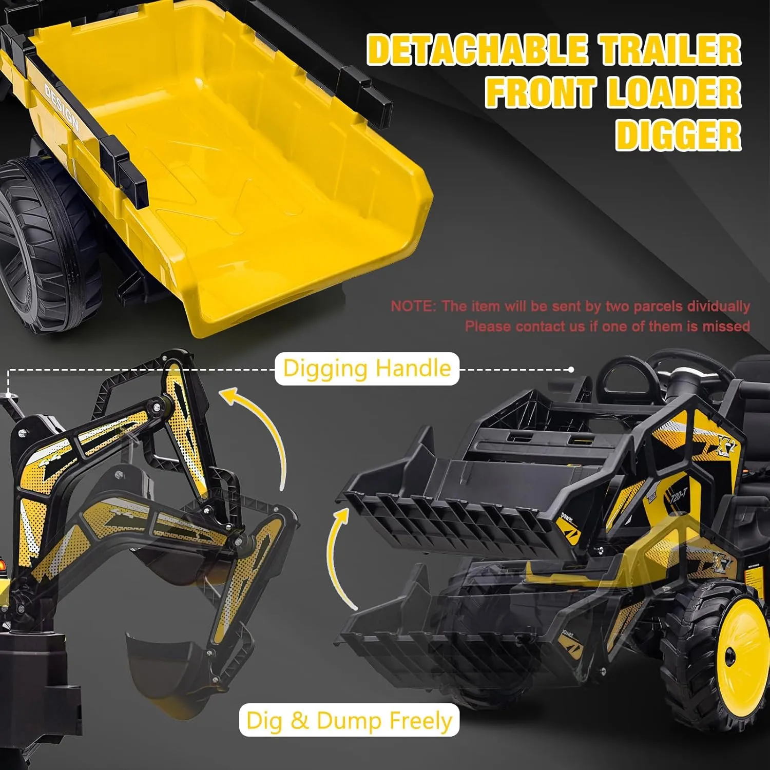 Hetoy 3 in 1 Ride on Tractor, Excavator & Bulldozer, 24V Electric Vehicle w/Trailer, Shovel Bucket, Digger, Remote Control, EVA Tire, LED Light, Music, USB & Bluetooth, Kids Ride on Car, Orange