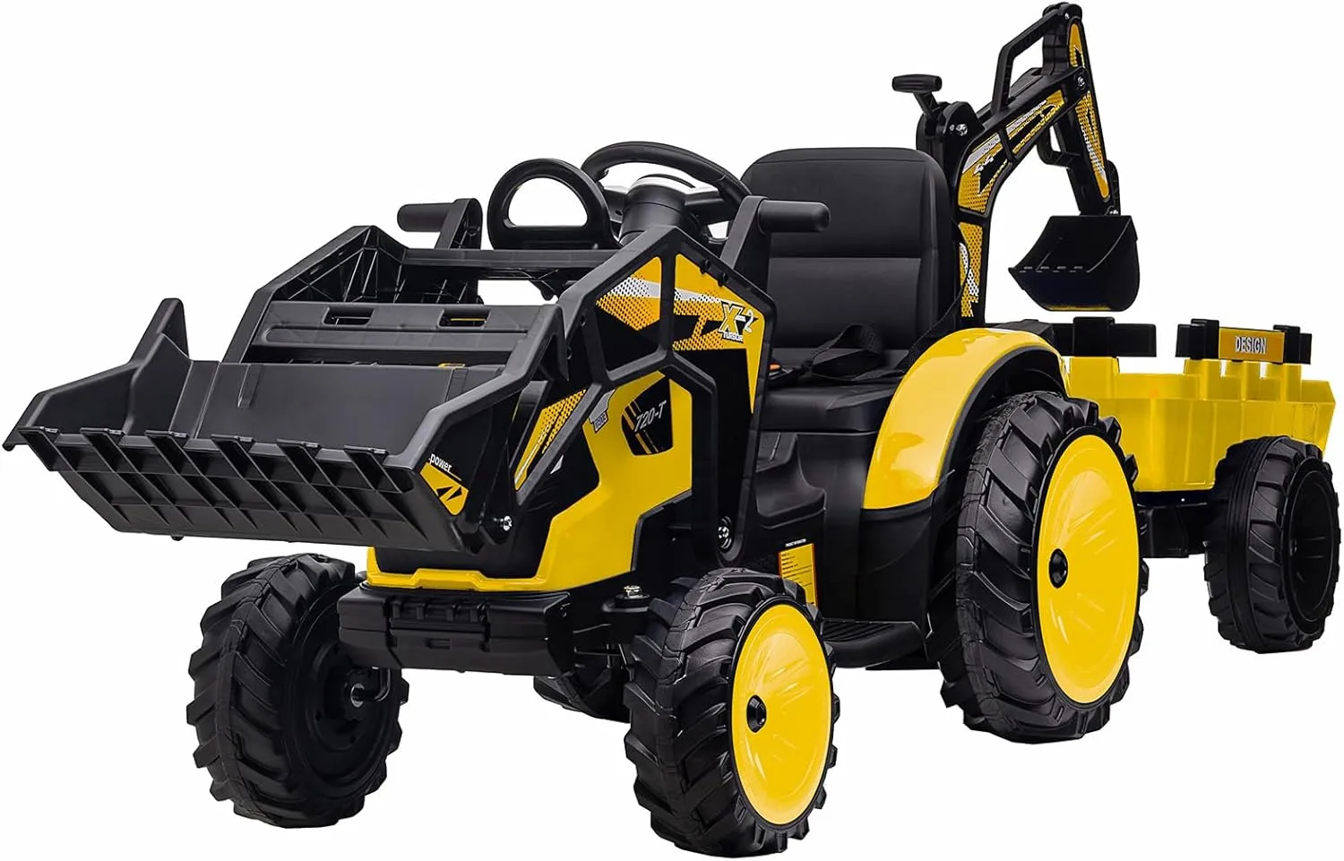Hetoy 3 in 1 Ride on Tractor, Excavator & Bulldozer, 24V Electric Vehicle w/Trailer, Shovel Bucket, Digger, Remote Control, EVA Tire, LED Light, Music, USB & Bluetooth, Kids Ride on Car, Orange