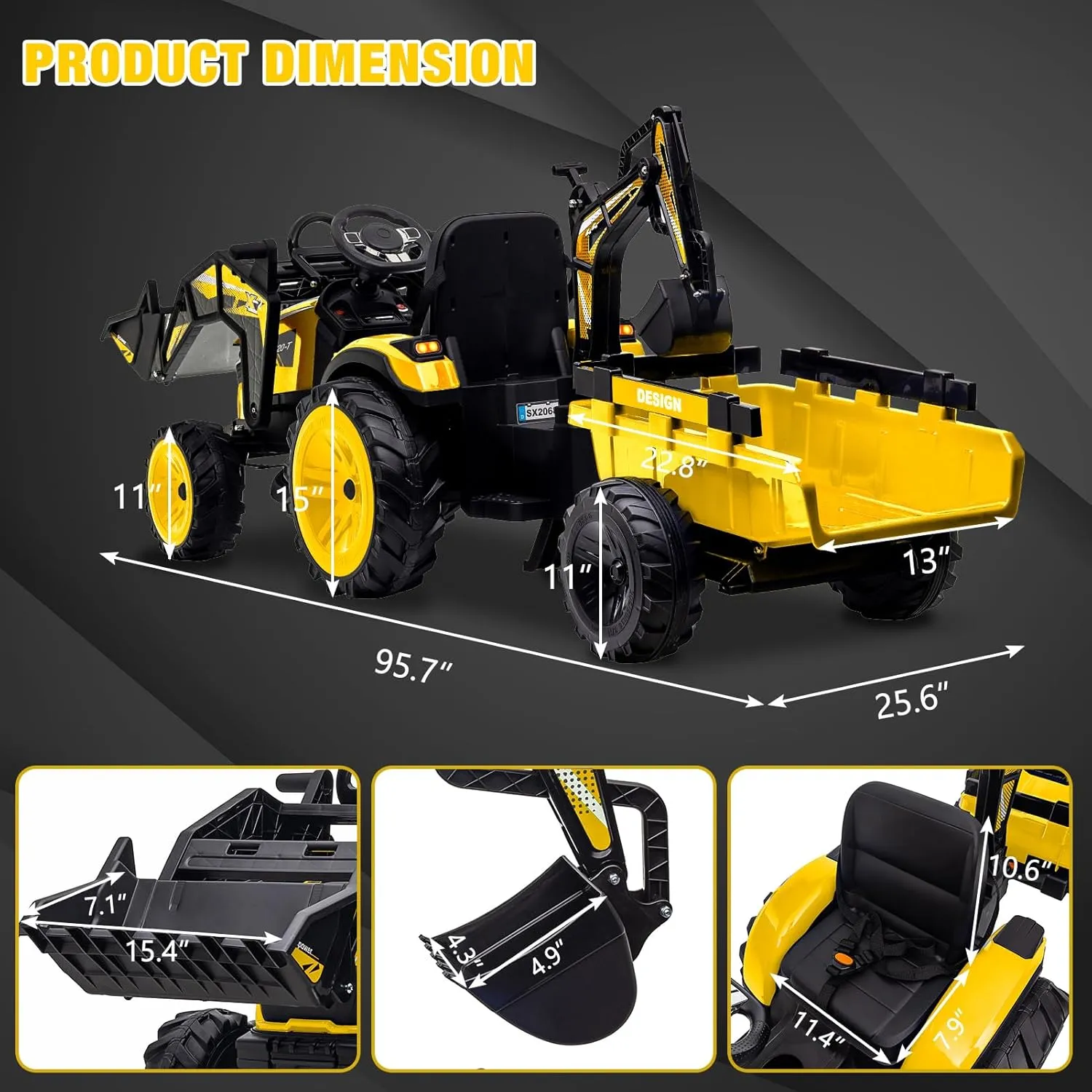 Hetoy 3 in 1 Ride on Tractor, Excavator & Bulldozer, 24V Electric Vehicle w/Trailer, Shovel Bucket, Digger, Remote Control, EVA Tire, LED Light, Music, USB & Bluetooth, Kids Ride on Car, Orange