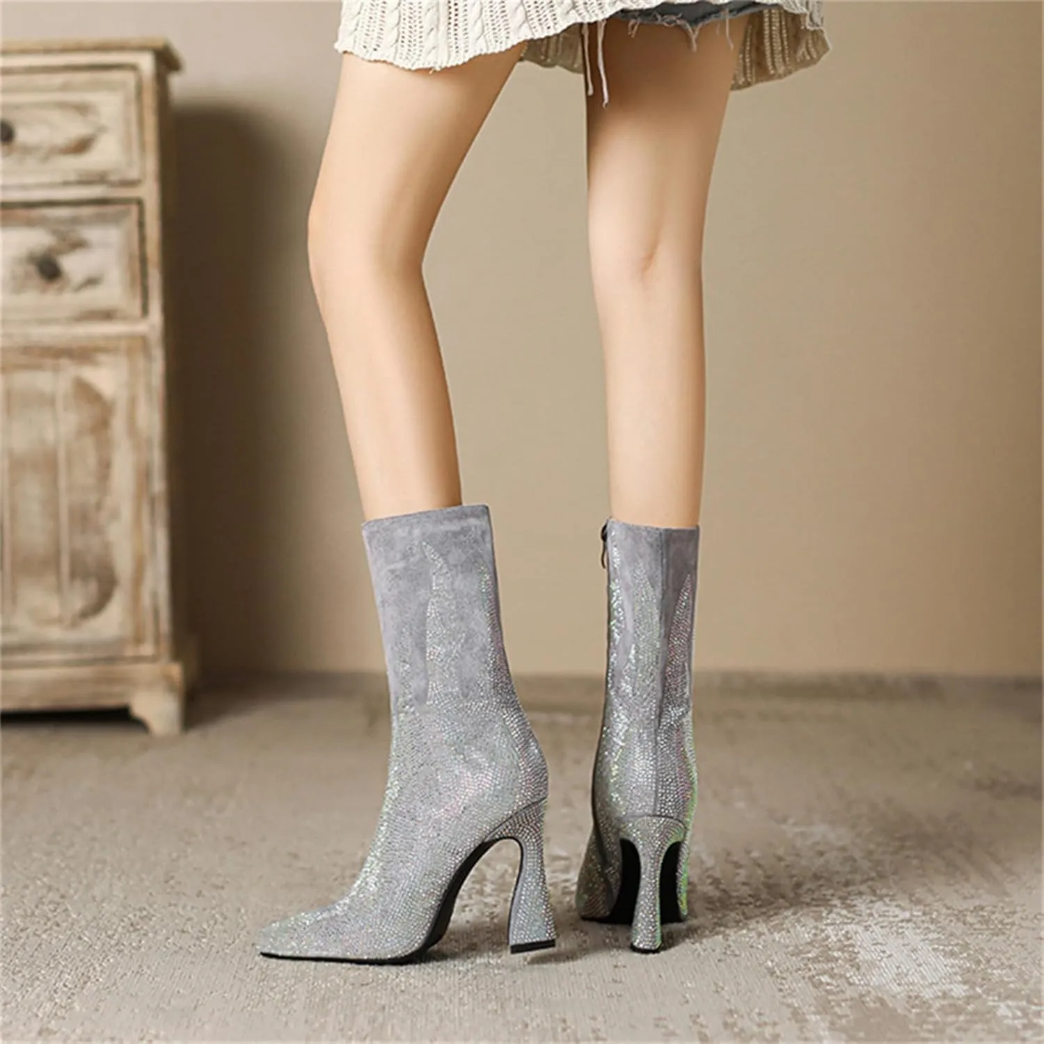 High Heeled Mid Calf Boots,Flame Pattern,Diamond Studded,Comfortable and Non Slip High Heeled Boots,Suitable for All Occasions