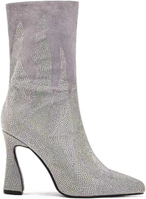 High Heeled Mid Calf Boots,Flame Pattern,Diamond Studded,Comfortable and Non Slip High Heeled Boots,Suitable for All Occasions